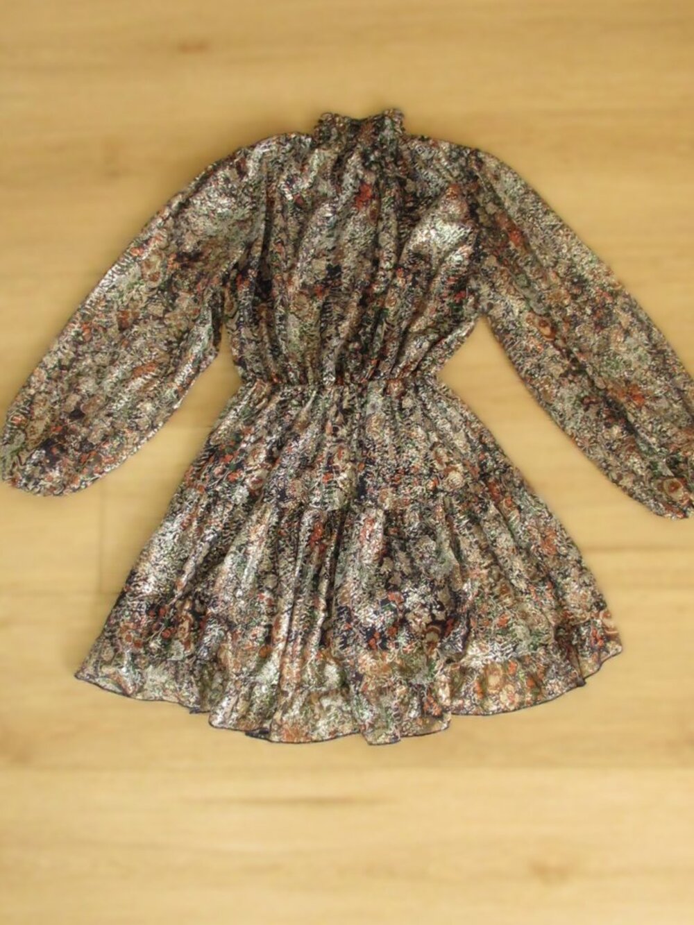OPT Metallic Floral Ruffle Dress Sheer Sleeve Fully Lined Small